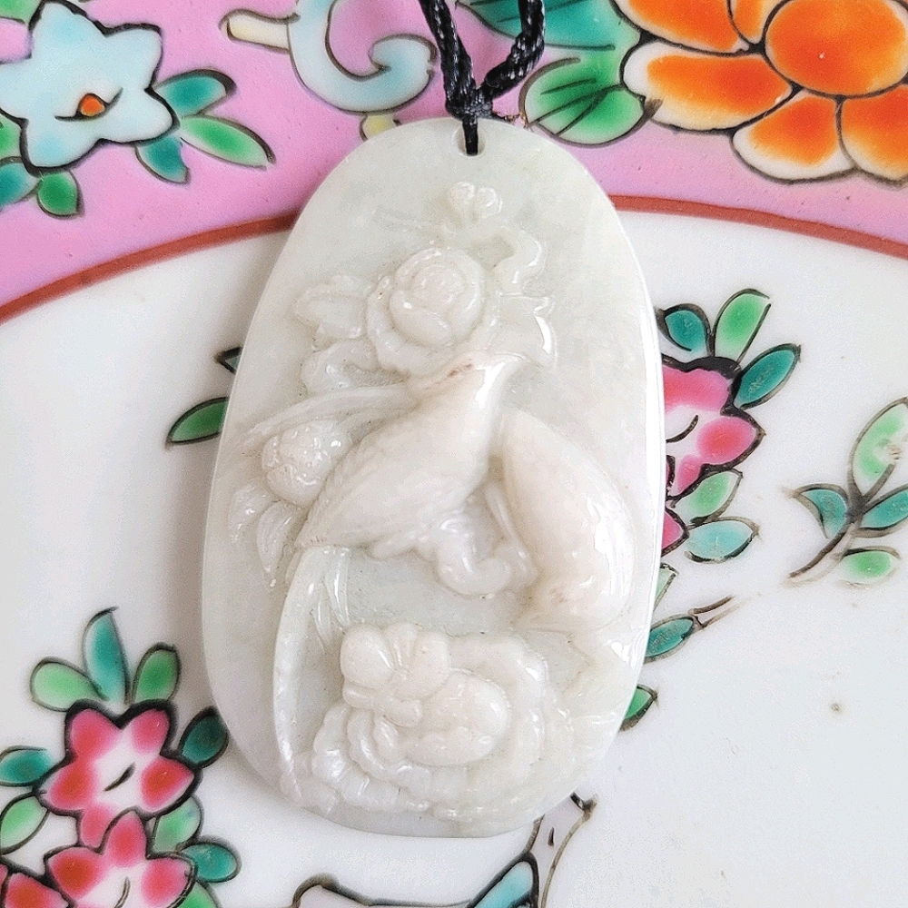 Genuine All Natural Certified Jade Birds Flower Hand Carved Pendant NWT